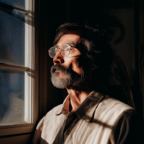 Hombre gafas pensativo